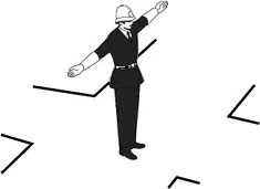 Figura del quesito: Quando il vigile si dispone di profilo con le braccia aperte come in figura è consentito il passaggio delle correnti di traffico che scorrono parallele alle sue braccia