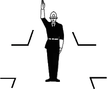 Figura del quesito: La posizione del vigile con un braccio alzato come in figura equivale alla luce gialla fissa del semaforo