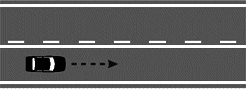 Figura del quesito: Rispetto al veicolo che procede nel senso della freccia, la striscia continua centrale in figura si trova prima di una curva